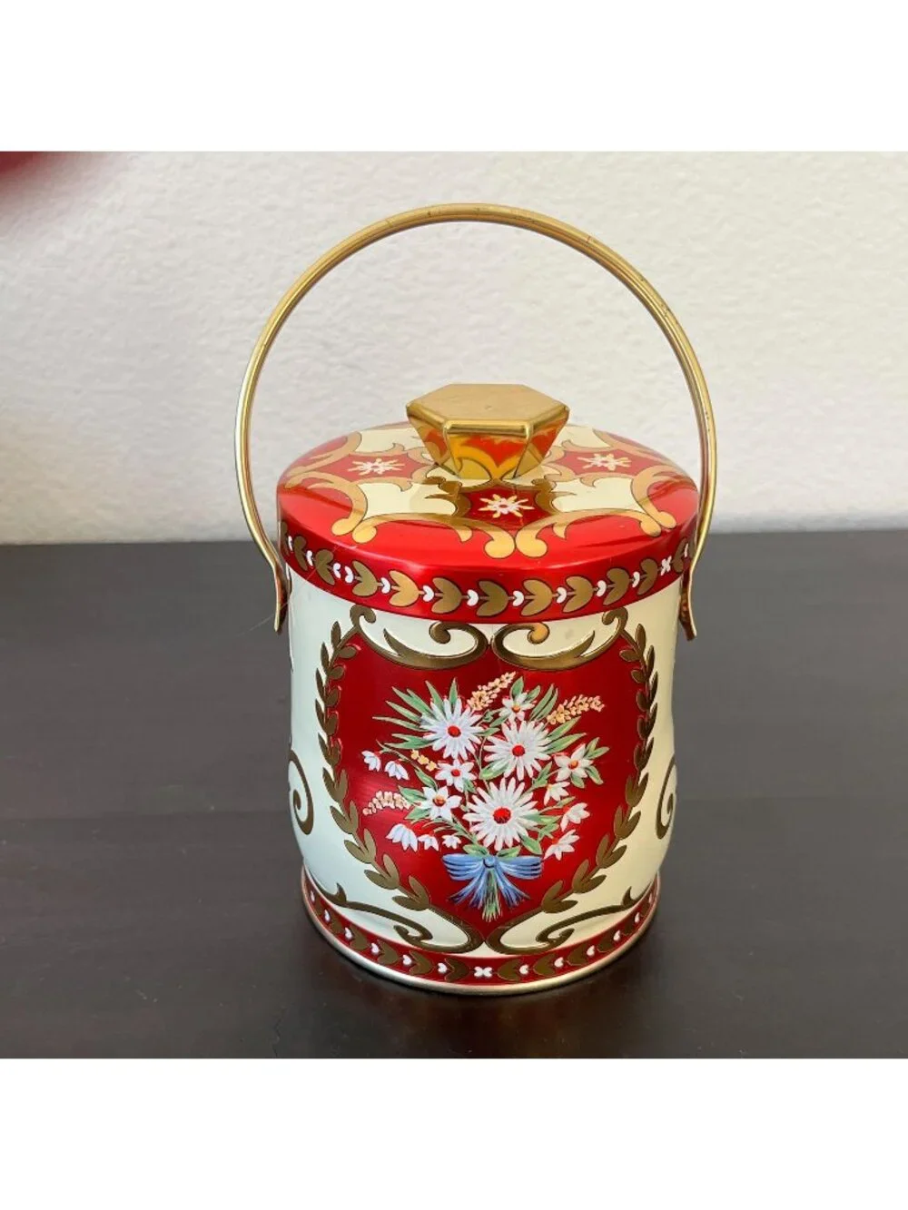 Vintage Murray Allen Handled Metal Candy Tin // Round Floral Lidded Canister // - Picture 1 of 8